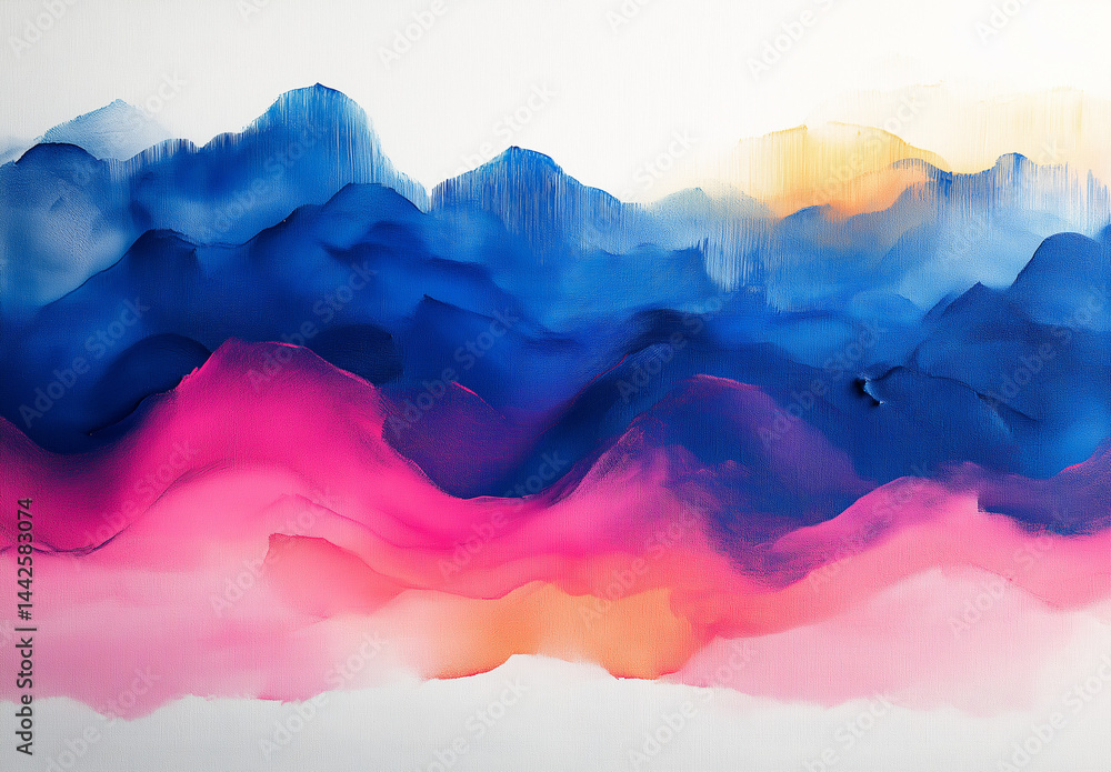 Poster abstract blue and pink ink in smoke art style on white background with soft flowing patterns and min