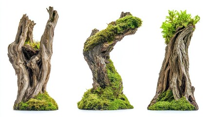 Set of twisted moss-covered old tree trunks isolated on white background.