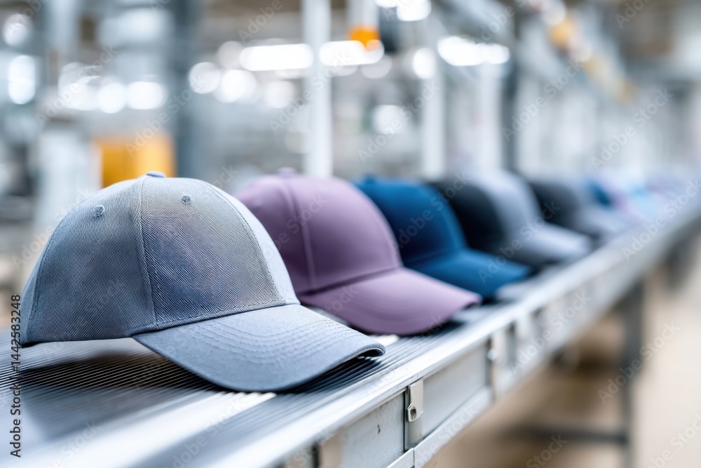 Poster production process of various baseball cap styles in a colorful factory setting for custom designs