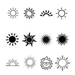 Sun Icons — Monoline Series, collection. Summer, sunlight, nature, sky. Vector illustration isolated Transparent background.