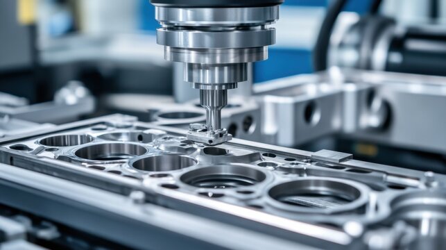 High-tech automotive engine parts being machined by automated robotic tools