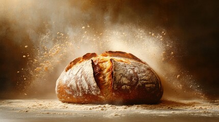 A traditional sourdough bread with a dark crust and flour dusting on a taupe background 