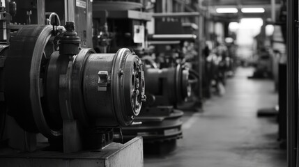 Industrial engine manufacturing plant with rows of machinery and precision equipment
