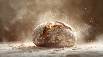 A traditional sourdough bread with a dark crust and flour dusting on a taupe background 