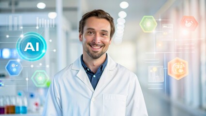 Smiling Male Scientist in Lab Coat with AI Technology and Data Visualization in Background