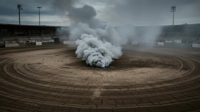 Smoke Plume in Empty Rodeo Arena - A large plume of grey and black smoke billows from the center of a dry