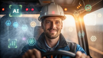 Professional Driver in Truck with AI Technology Interface and Warm Lighting Effects