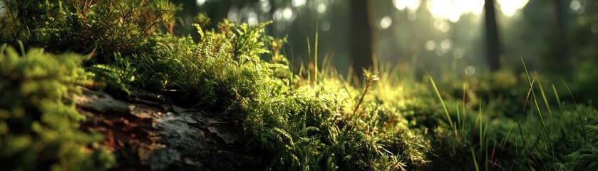Green moss with relax mood in green forest concept. Lush green moss covering a forest floor.