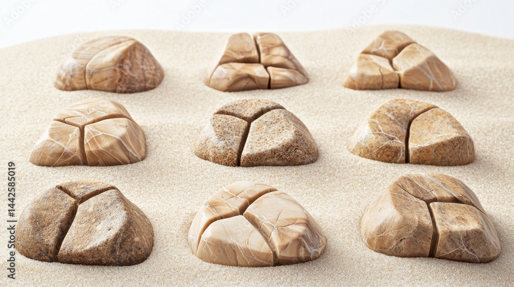 Poster set of uniquely shaped rocks with cracks, placed in an abstract pattern on soft sand on a white back