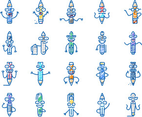 pen character pencil school icons hand drawn