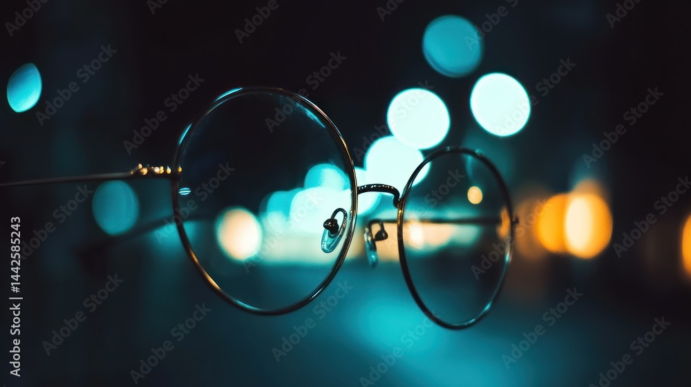 Poster golden eyeglasses against a bokeh background displaying lights and reflections