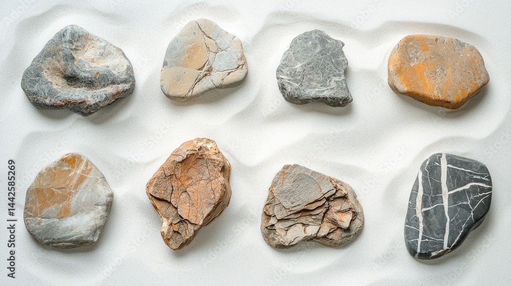 Aufkleber set of uniquely shaped rocks with cracks, placed in an abstract pattern on soft sand on a white back