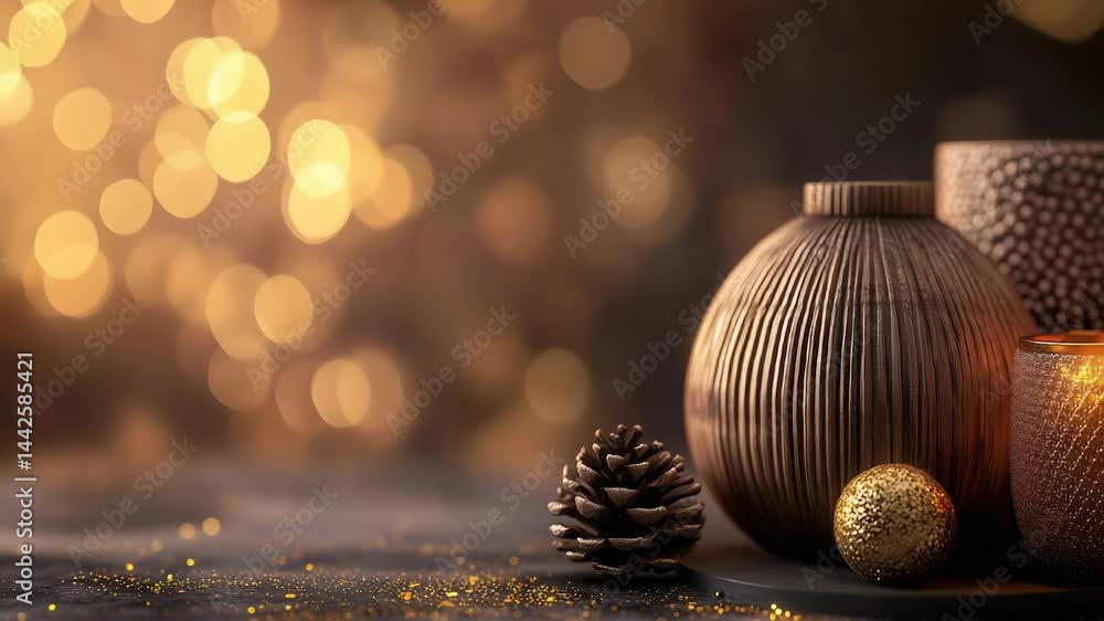 Poster three decorative objects, including a pine cone and a gold ball, are placed on a surface with bokeh 
