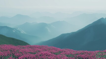 Panoramic scene of rugged green mountain ranges transitioning into soft flowing rose fields