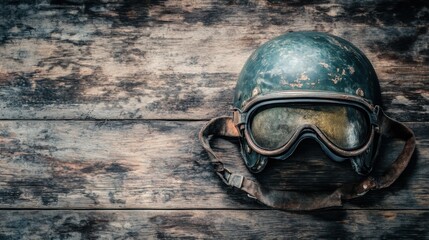 Obraz premium Retro-style helmet and worn flight goggles on a weather-beaten wood surface, shallow depth