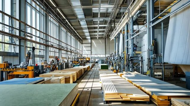 Modern plywood production line operating in factory