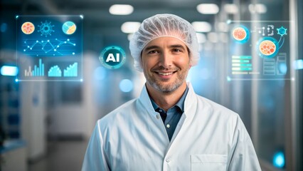 Smiling Scientist in Laboratory with AI Technology and Data Visualization Background