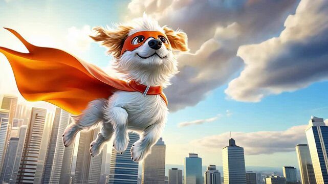 Adventurous superhero dog in cityscape with billowing clouds and colorful sky.