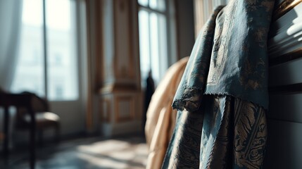 Fototapeta premium Close-up view of a luxurious velvet teal throne with intricate silver details, set against an ornate palace backdrop. Soft lighting enhances the royal ambiance
