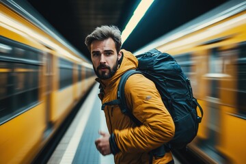 Young backpacker running through a bustling subway station, racing to catch a passing train, embodying the thrill of travel and the urgency of urban transportation
