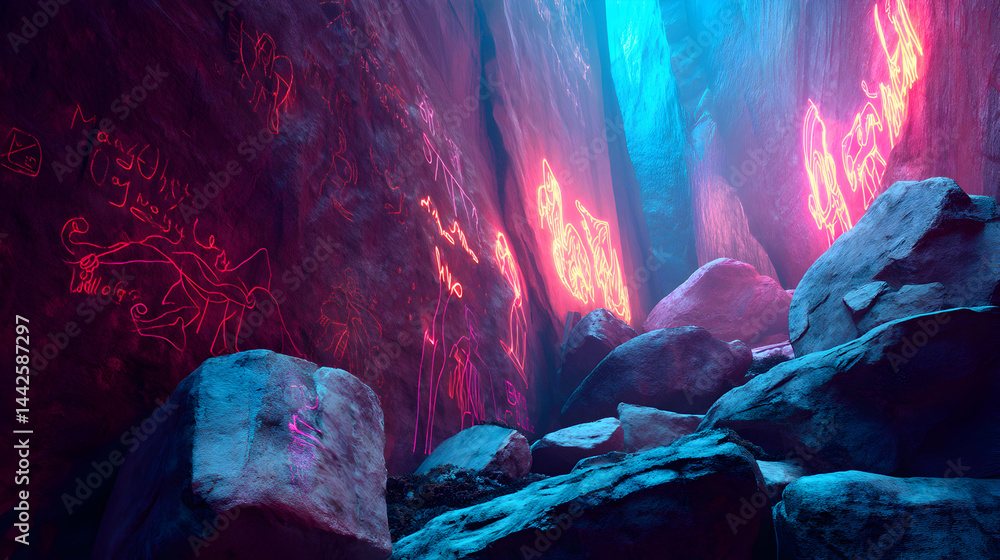 Poster ancient script illuminates the mysterious rock formations within a cavernous dreamscape vision
