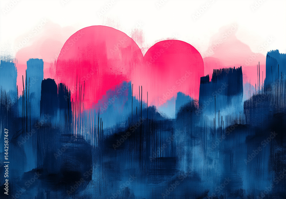 Poster abstract blue and pink ink in smoke art style on white background with soft flowing patterns and min