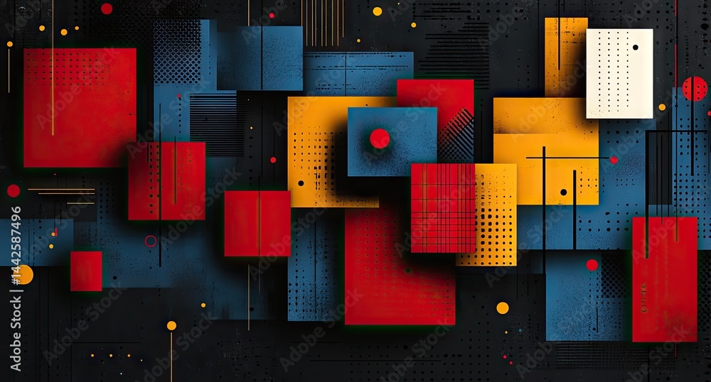 Poster abstract geometric design composed of squares and circles.