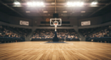 A slightly blurred view of an empty basketball court with a wooden floor, hoop, and rows of unoccupied spectator seats in the background.