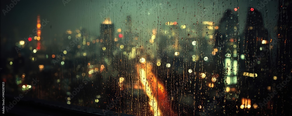 Poster raindrop on a window creating water texture and cityscape pattern concept. city skyline with rain-so