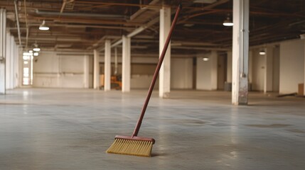 A single broom leaning on the floor of an empty warehouse