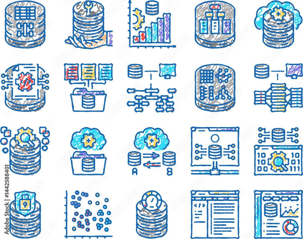 Aufkleber database administrator server icons hand drawn