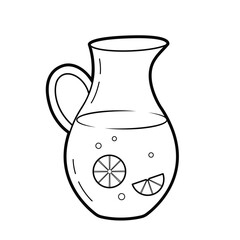 Glass jug with lemonade with lemon slices. Fresh lemon drink. Outline vector illustration, isolated on white background.