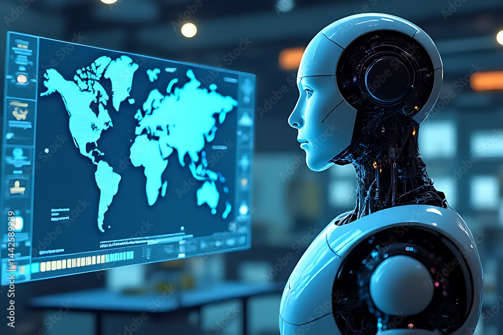 Poster exploring robotic interaction global technology hub digital art futuristic setting side perspective
