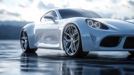 Futuristic white sports car on a wet surface