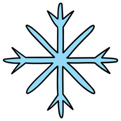 Hand drawn cartoon blue snowflake on white background.