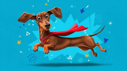 Super Dachshund in Flight - A cartoon dachshund wearing a red cape flies through the air against a bright blue background with fun geometric shapes. The dog has a cheerful expression and appears to be - Powered by Adobe