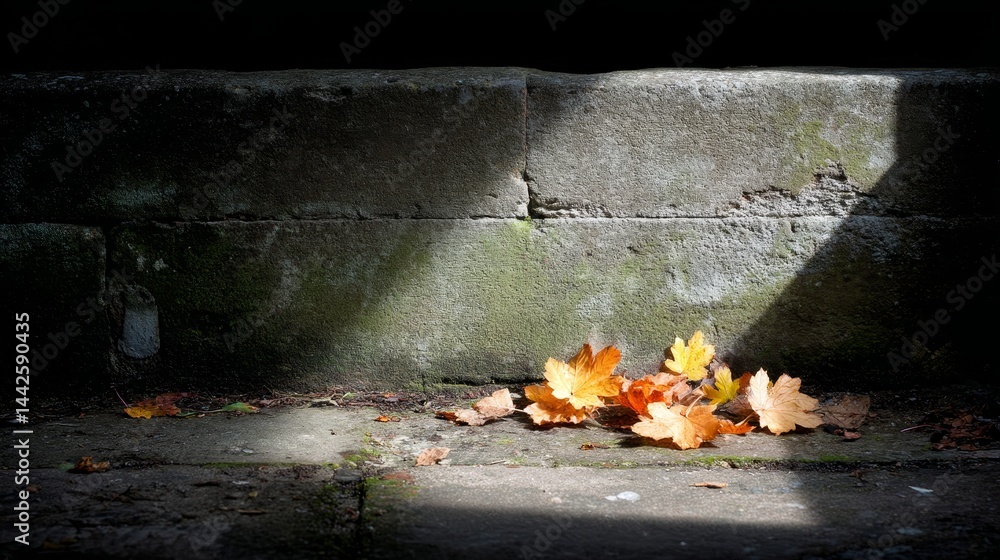 Fototapete close-up view of vibrant autumn leaves creating intricate shadows on a rough wall, glowing softly in