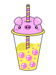 Kawaii bubble tea with a pig face lid and pink tapioca pearls. Transparent background. Perfect for kids illustrations, stickers, and fun packaging