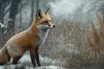Red fox in snowy forest
