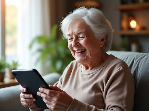 Joyful senior woman engaging with tablet at home cozy atmosphere warm lighting happiness