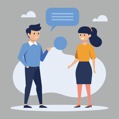 Business Discussion Concept, Flat style vector illustration of a man and woman engaged in conversation, with a large shared speech bubble hovering above them
