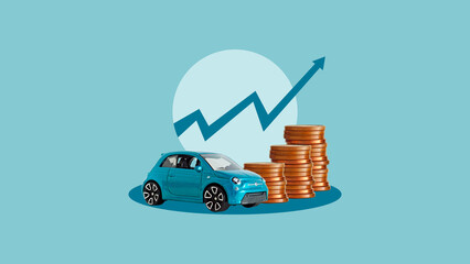 Increase and growth of prices for car is shown by collage with car and price rise on the background...