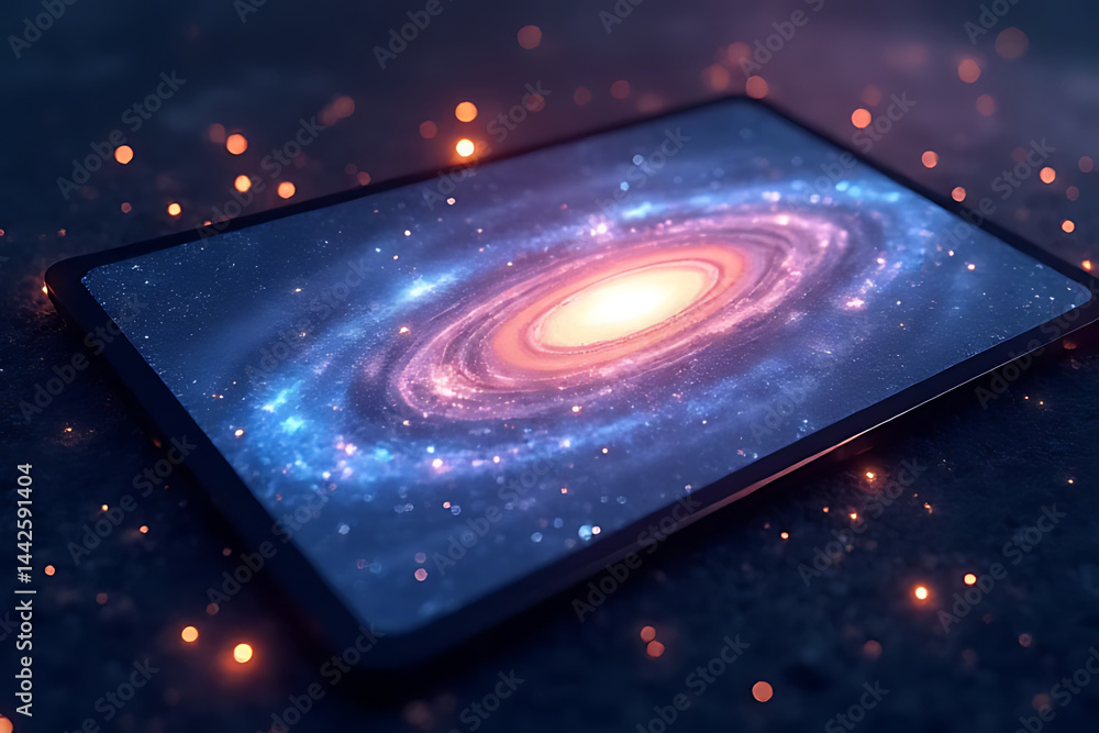 Poster exploring cosmic wonders digital universe visual art space tablet perspective abstract concept