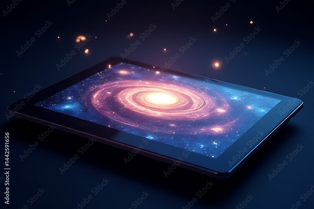 Poster exploring cosmic wonders digital device galaxy visualization dark background close-up perspective