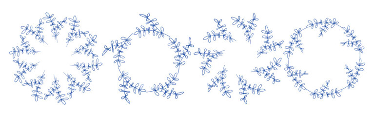 Mediterranean blue branches circular frame set. Minimal hand drawn design with leaves . Ideal for wedding invitations, cards, logos, and posters.