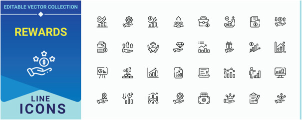 Rewards icon set. Pack of reward, gift, bonus, employee benefit, pay and more. Benefits icon collection. Icons for application. Editable stroke. Vector illustration.