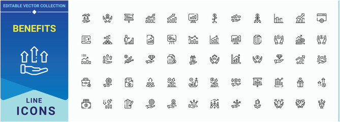 Benefits line icon set. It contains symbols to benefit, reward, employee benefit, bonus. Bonus icon set. Sign and Symbol. Editable vector stroke.