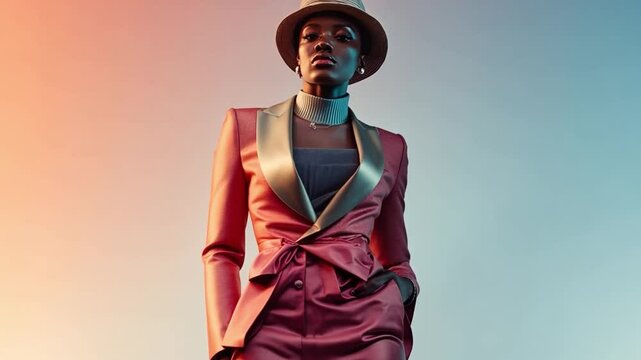 Fashion model posing in stylish suit and hat