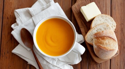 Fototapeta premium Close-up of creamy butternut squash soup in rustic bowl served with crusty bread and butter on a warm wooden table, perfect for a cozy meal
