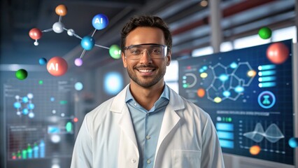 Smiling Scientist in Laboratory Setting with AI Elements and Data Visualization Background